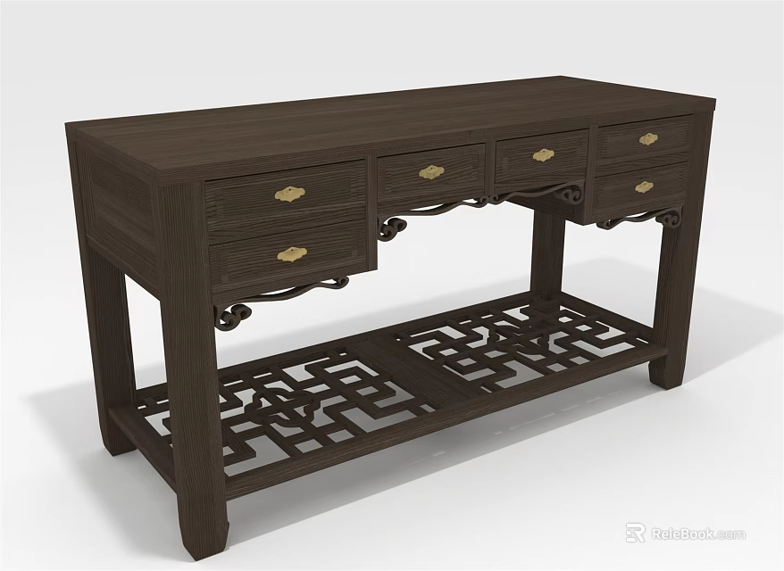Dark Brown Wooden Table Featuring Four Drawers Brass Handles and Intricate Carved Lower Shelf 3d model 