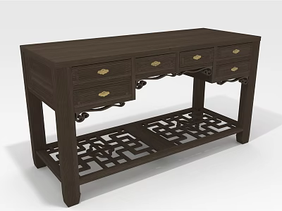 Dark Brown Wooden Table Featuring Four Drawers Brass Handles and Intricate Carved Lower Shelf 3d model