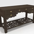 Dark Brown Wooden Table Featuring Four Drawers Brass Handles and Intricate Carved Lower Shelf