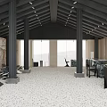 Modern Cafe Interior With Ocean View Dark Beams And Pebble Floor