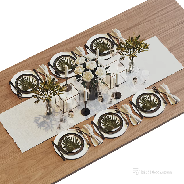 Elegant Tableware Set with Plates Utensils Linen Napkins and Greenery Decor on Wooden Table 3d model 