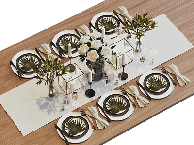 Elegant Tableware Set with Plates Utensils Linen Napkins and Greenery Decor on Wooden Table 3d model