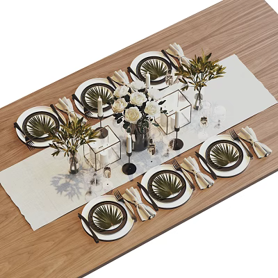 Elegant Tableware Set with Plates Utensils Linen Napkins and Greenery Decor on Wooden Table 3d model