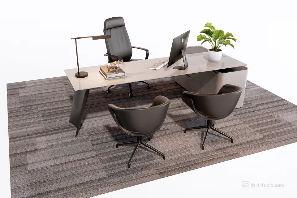 Modern Office Desk With Desk Lamp Laptop Potted Plant Office Chair And Visitor Chairs 3d model 