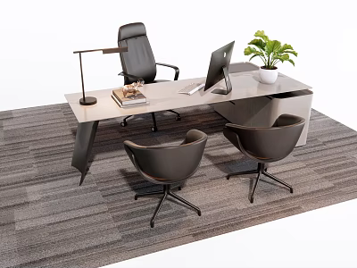 Modern Office Desk With Desk Lamp Laptop Potted Plant Office Chair And Visitor Chairs 3d model