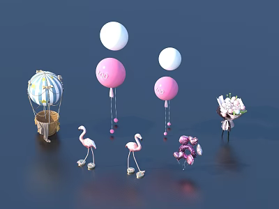 Celebratory Hot Air Balloon Pink White Balloons LOVE Letters Flamingos Flower Bouquet Number 3 Balloon 3d model