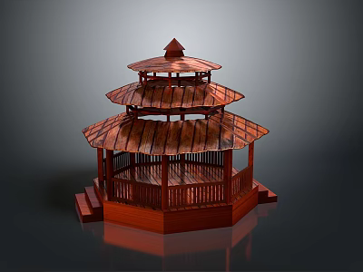 Traditional Wooden Gazebo With Multi Tiered Red Structure Curved Roof And Steps 3d model