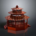Traditional Wooden Gazebo With Multi Tiered Red Structure Curved Roof And Steps