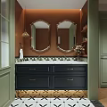 Elegant Bathroom Interior With Double Mirrors Dark Cabinets Tile Countertop And Decorative Flowers