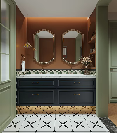 Elegant Bathroom Interior With Double Mirrors Dark Cabinets Tile Countertop And Decorative Flowers 3d model