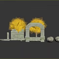 3D Outdoor Scene Components With Stone Arch Steps Orange Trees Rocks And Slab Path 3d model