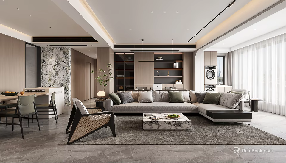 Modern Living and Dining Room Interior With Sofa Coffee Table Marble Coffee Table Dining Chairs And Lighting 3d model 