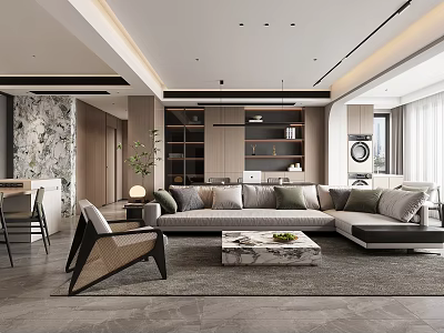 Modern Living and Dining Room Interior With Sofa Coffee Table Marble Coffee Table Dining Chairs And Lighting 3d model