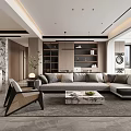 Modern Living and Dining Room Interior With Sofa Coffee Table Marble Coffee Table Dining Chairs And Lighting