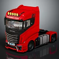 Red Scania Truck Model With Shiny Exterior Yellow Headlights And Black Wheels