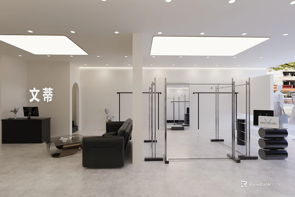 Modern Beauty Salon Interior Open Layout Black Sofa Glass Clothing Racks White Walls Gray Floors 3d model 