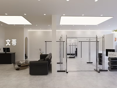 Modern Beauty Salon Interior Open Layout Black Sofa Glass Clothing Racks White Walls Gray Floors 3d model