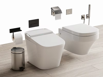 Sleek Modern White Toilet Design With Toilet Paper Holder And Waste Bin Accessories 3d model