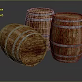 Three Wooden Barrels Standing And Tilted With Metal Hoops And Wood Texture