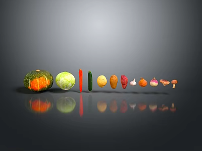 Fresh Colorful Vegetables And Mushrooms Arranged In A Row On Grey Background With Reflections 3d model
