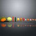 Fresh Colorful Vegetables And Mushrooms Arranged In A Row On Grey Background With Reflections