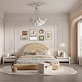 Modern Kids Room Interior With Cream Arched Wall Round Chandelier Stuffed Toy And Decorative Paintings