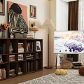 Modern Bookcase Middle Ancient Solid Wood Floor Bookcase Decorative Hanging Painting Ornaments Combination Floor TV Floor Lamp 3d model