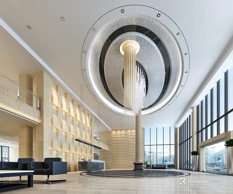 Modern Hotel Lobby Interior Design With Large Chandelier Reception Desk Sofa Seating And Decorative Walls 3d model 