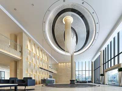 Modern Hotel Lobby Interior Design With Large Chandelier Reception Desk Sofa Seating And Decorative Walls 3d model
