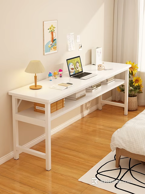 White Desk Interior With Table Lamp Laptop Notebook Books Wall Art And Yellow Flowers 3d model 