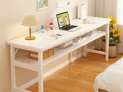 White Desk Interior With Table Lamp Laptop Notebook Books Wall Art And Yellow Flowers 3d model