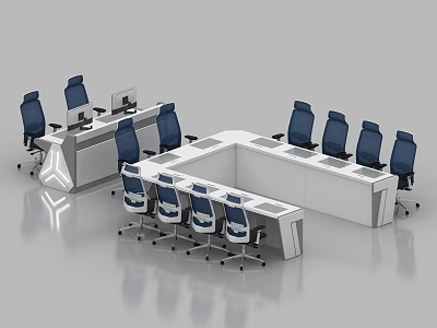 Modern Monitoring Room With White Control Consoles And Blue Ergonomic Chairs 3d model