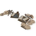 Traditional Building Components With Wooden Planks Stone Blocks Thatch And Tools 3d model