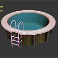 Round Swimming Pool With Wooden Frame White Edge And Blue Water Metal Ladder Design