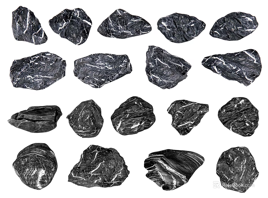 Various Black Rockery Stones With White Veins For Garden Landscape Design 3d model 