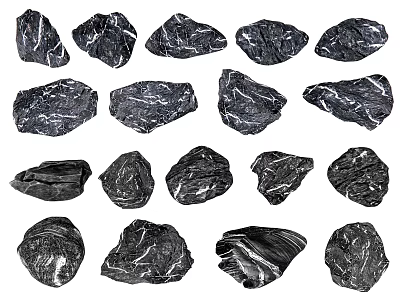 Various Black Rockery Stones With White Veins For Garden Landscape Design 3d model