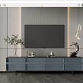 Modern TV Stand With Above TV Decorative Items Striped Wall And Modern Hanging Lights