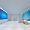 Modern Exhibition Booth Interior With Large Screen Airplane Image Blue Displays And White Seats