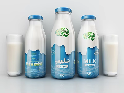 Fresh Milk Bottles With Blue White Packaging Alongside Glasses Filled With Milk 3d model