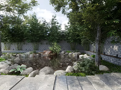 Tranquil Garden Landscape With Pond Stones Lush Trees Brick Wall And Stone Pathways 3d model