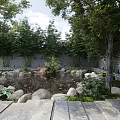 Tranquil Garden Landscape With Pond Stones Lush Trees Brick Wall And Stone Pathways