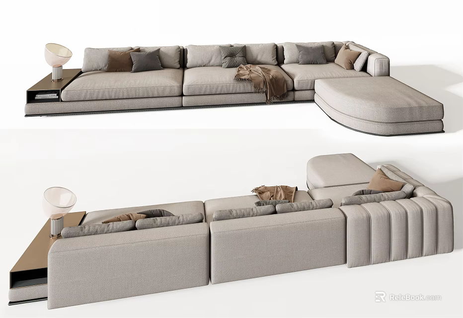 Modern Light Gray Sectional Sofa With Plush Cushions And Side Table Lamp 3d model