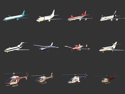 Passenger Planes With Various Models And Colors On Dark Background 3d model
