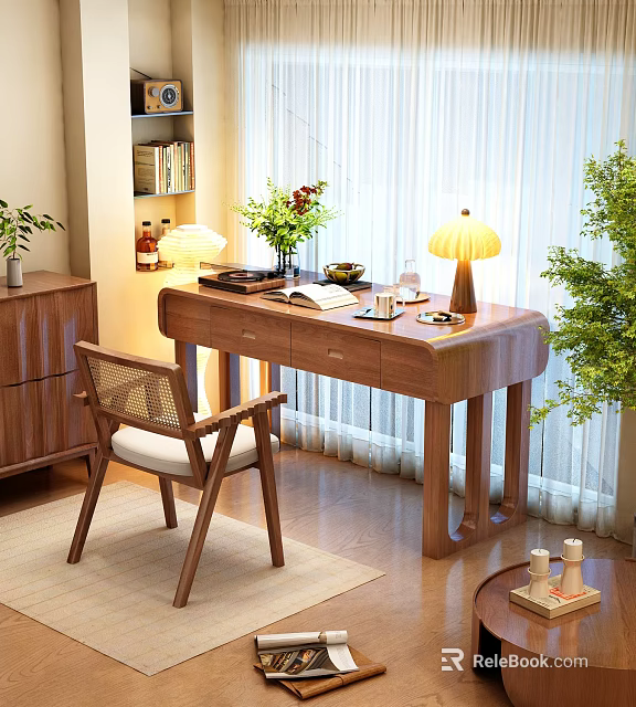 Cozy Home Study Room With Wooden Desk Table Lamp Books Rattan Chair And Green Plants 3d model 