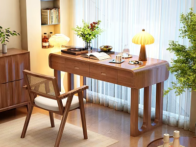 Cozy Home Study Room With Wooden Desk Table Lamp Books Rattan Chair And Green Plants 3d model