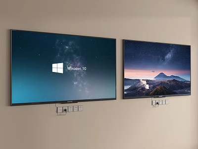 Two Wall Mounted TVs Showing Windows 10 And Volcano Landscape Screens 3d model
