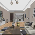 Modern Living And Dining Area Interior With Sofa Coffee Table TV Stand And Open Kitchen