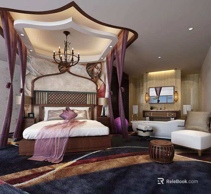 Luxurious Hotel Room Interior With Ornate Bed Chandelier Mural Bathtub And Decorative Curtains 3d model 