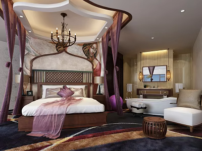 Luxurious Hotel Room Interior With Ornate Bed Chandelier Mural Bathtub And Decorative Curtains 3d model