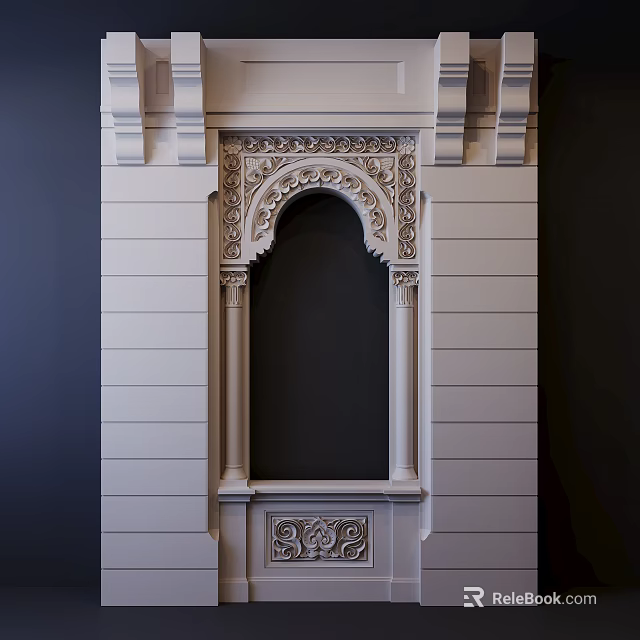 Ornate Architectural Arched Doorway With Carved Decorations And Vertical Striped Wall 3d model 